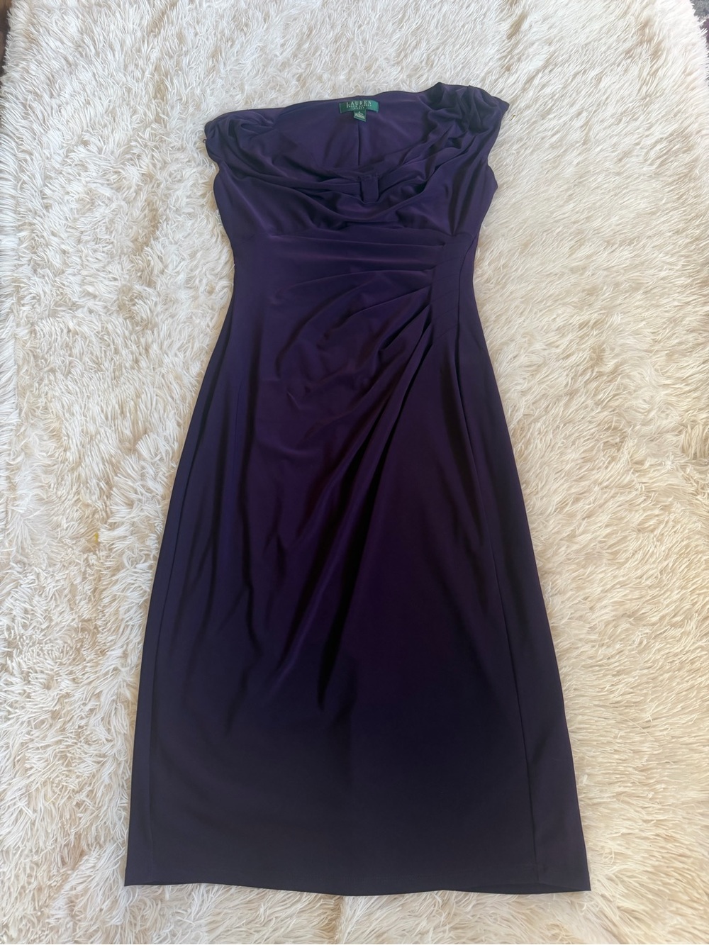 Ralph Lauren Deep Purple Strapless Draped Sheath Dress